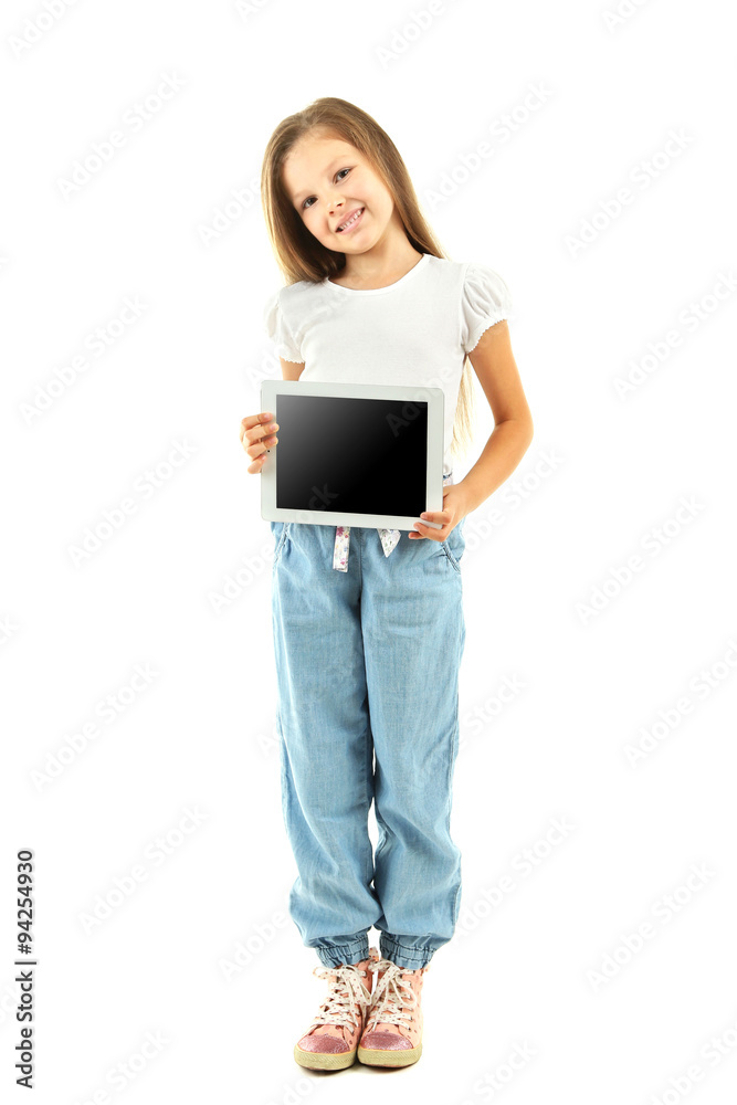 Beautiful little girl with digital tablet, isolated on white Beautiful little girl with digital tablet, isolated on white