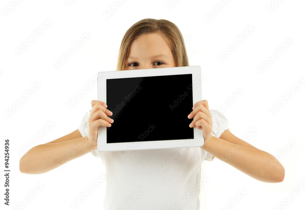 Beautiful little girl with digital tablet, isolated on white Beautiful little girl with digital tablet, isolated on white