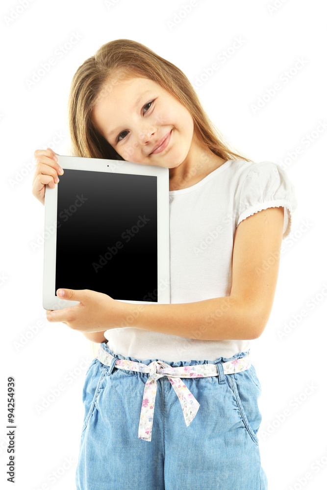 Beautiful little girl with digital tablet, isolated on white Beautiful little girl with digital tablet, isolated on white