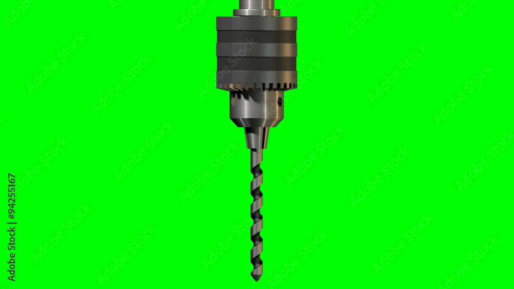 A front view animation of a spinning metal drill chuck with a spiral drill bit attached to it on a green screen background