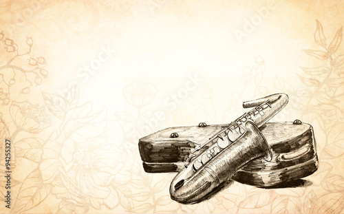 Photography hand drawn saxophone illustration, musical instrument with case, blues jazz musi
