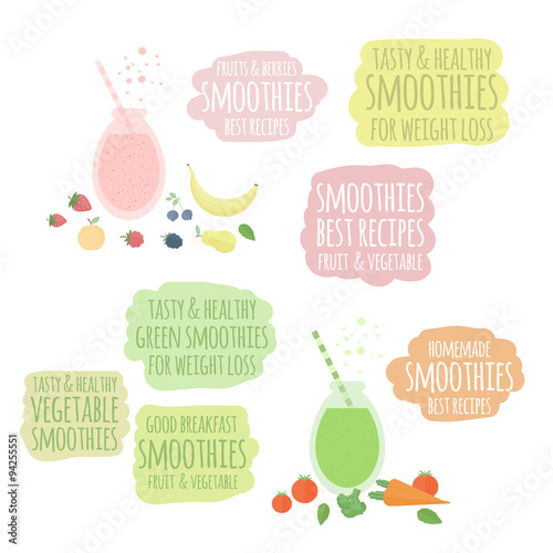 Fruit, vegatable smoothies in jar and labels