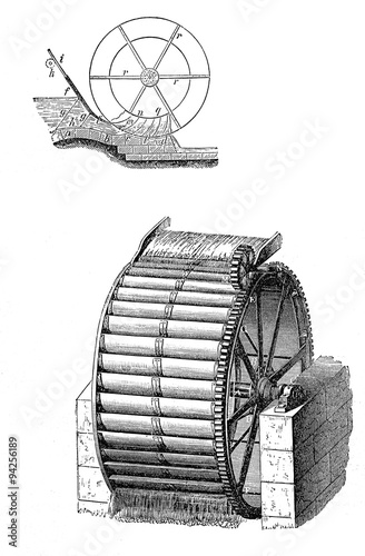 Konstfotografi Energy from water, vintage water mill wheel, vintage black and white engraving