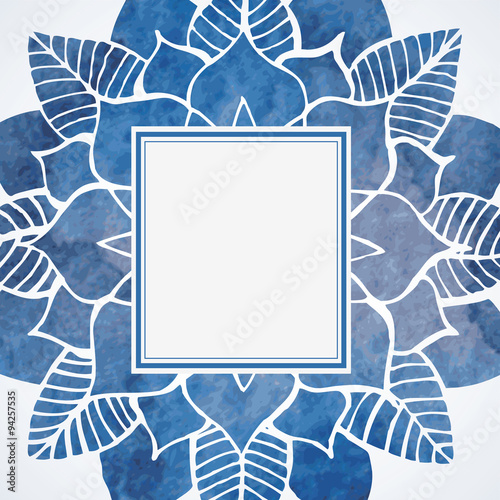 Watercolor blue frame with lace floral pattern. Vector element