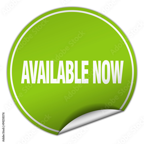 available now round green sticker isolated on white