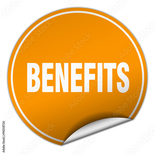 benefits round orange sticker isolated on white