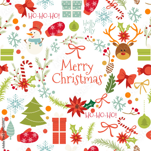 Vintage Merry Christmas And Happy New Year Set of Wreathes with Calligraphic And Typographic Wishes and Winter Holiday Elements. Greeting hand drawn illustration for Xmas.
