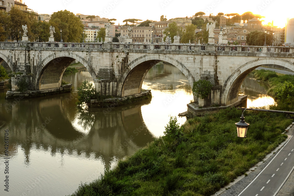 Ponte Sant'Angelo in Golden Sunset Light in Rome Panorama