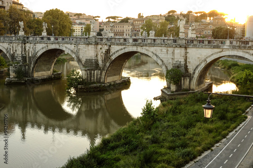Ponte Sant'Angelo in Golden Sunset Light in Rome Panorama