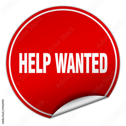 help wanted round red sticker isolated on white