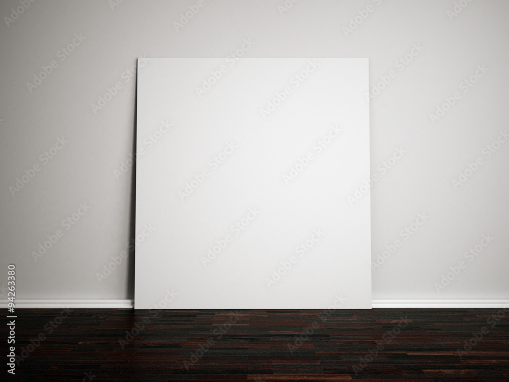 Blank white paper on the white wall and dark wooden floor. 3d mock up for your content. Blank white paper on the white wall and dark wooden floor. 3d mock up for your content.
