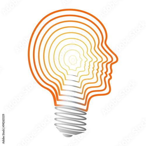 The bulb of orange and yellow contours of human faces with gray thread on a white background