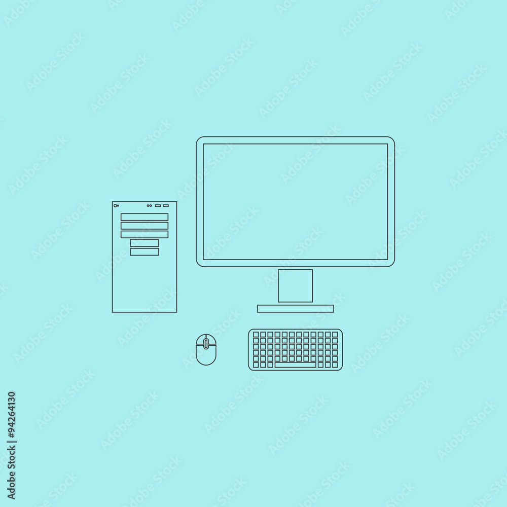Computer case with monitor, keyboard and mouse, vector icon. Computer case with monitor, keyboard and mouse, vector icon.