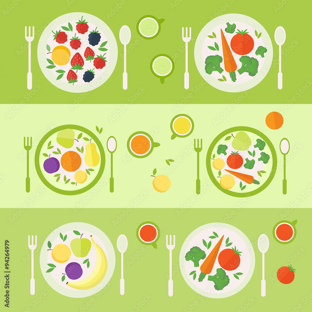 Plates with fruits and vegetables. Lunch time