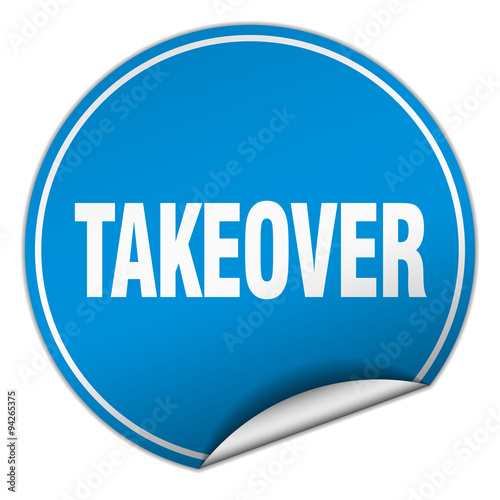 takeover round blue sticker isolated on white