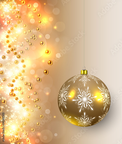 Christmas background with golden lights, balls and magic sparkles