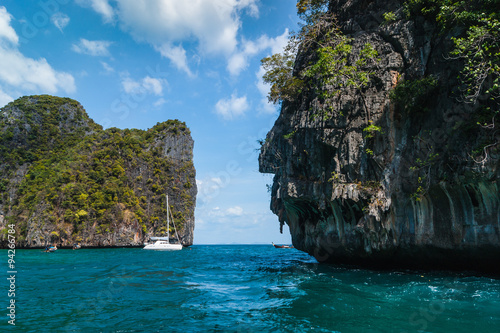 Boats at sea against the rocks in Thailand