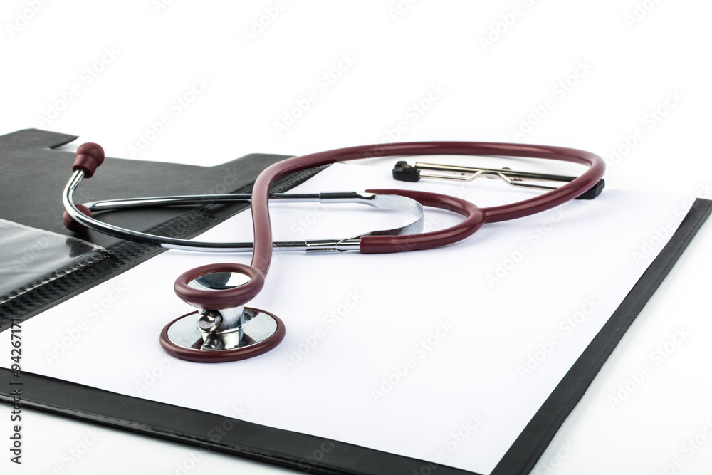 Blank clipboard with stethoscope on white background Blank clipboard with stethoscope on white background