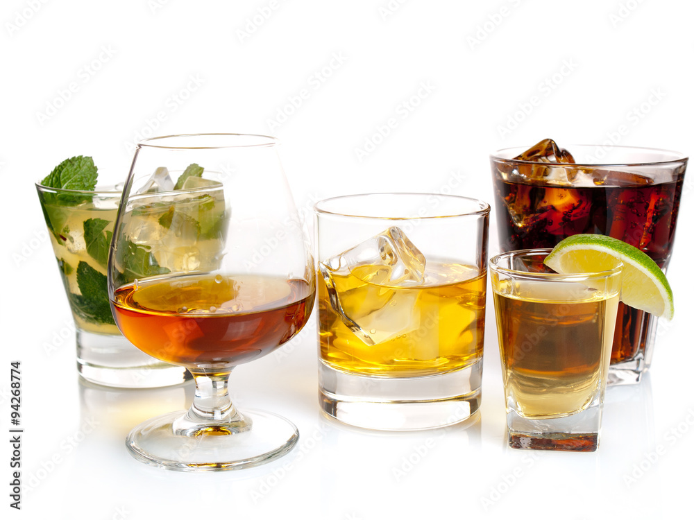 Various cocktails, drinks and shots over white background Various cocktails, drinks and shots over white background