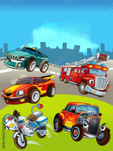 Cartoon cars on the background - illustration for the children