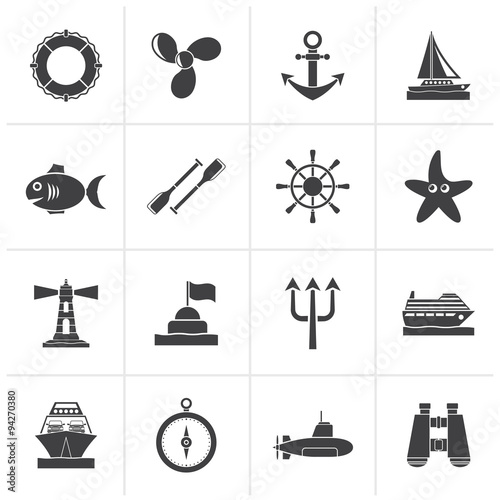 Black Marine and sea icons - vector icon set