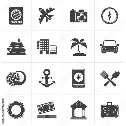 Black Tourism and Travel Icons - vector icon set
