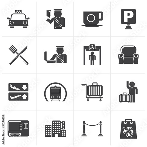Black Airport, travel and transportation icons -  vector icon set 1