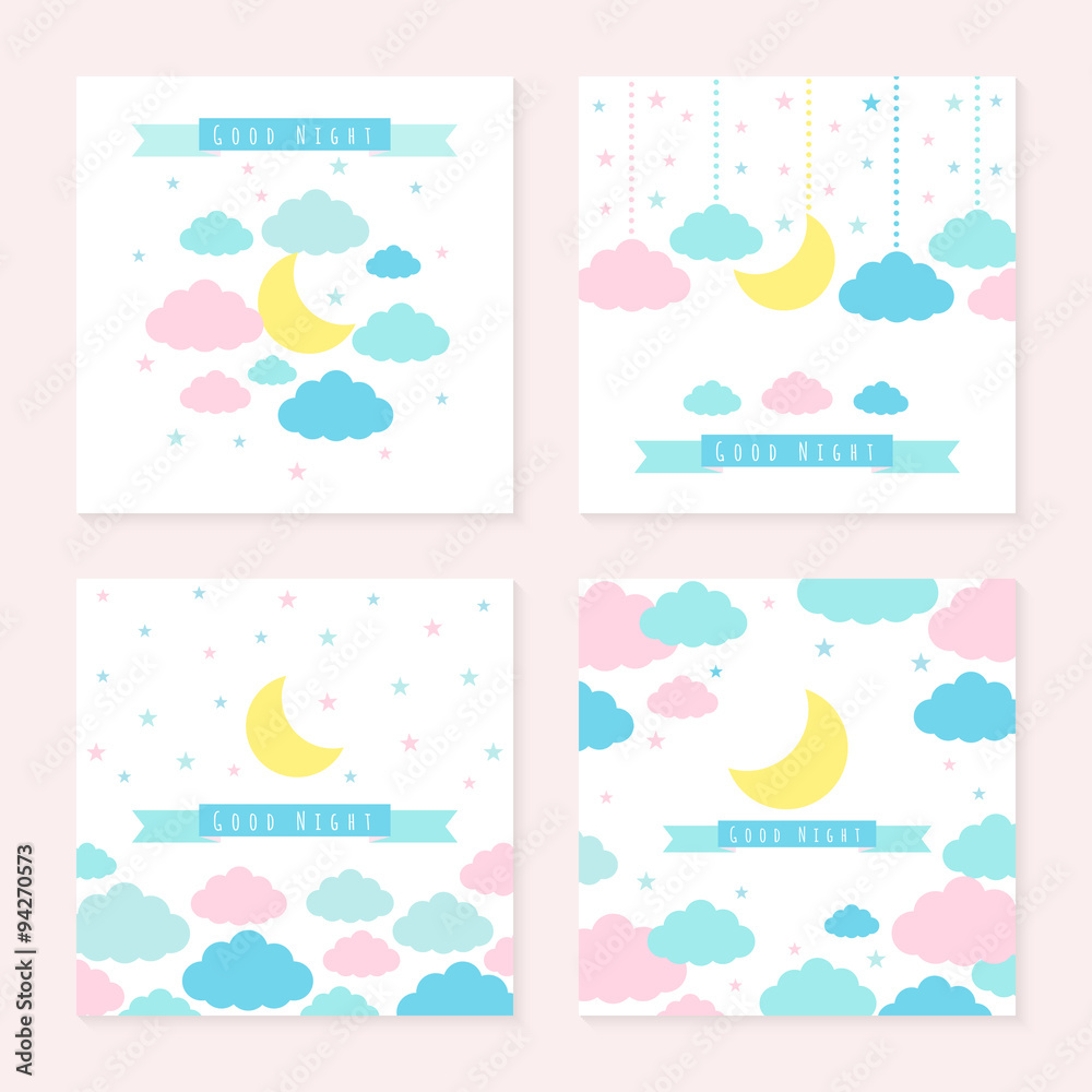 Childish background with moon clouds and stars Childish background with moon clouds and stars