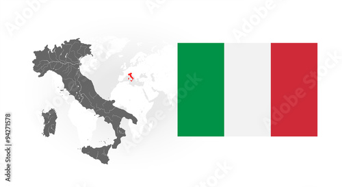 Map of Italy with lakes and rivers, Italy's location on the world map and National flag of Italian Republic. Flag has a proper design, proportion and colors.