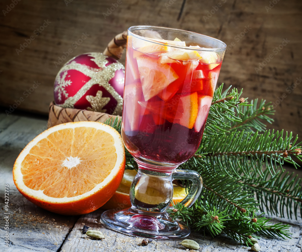 Christmas composition with mulled wine with orange, fir branches Christmas composition with mulled wine with orange, fir branches