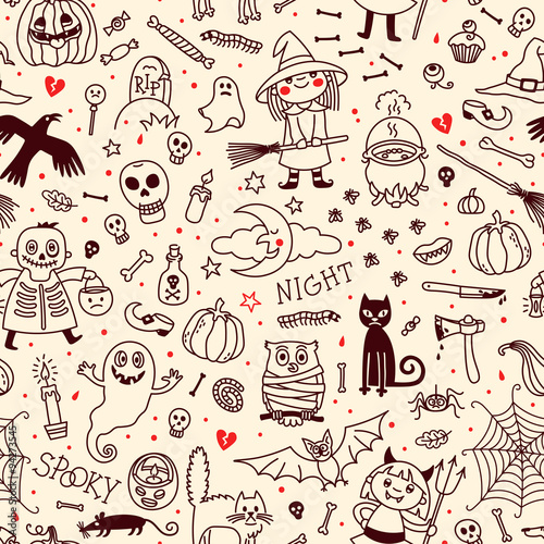 Halloween seamless pattern. Pumpkin, Ghosts, Cats, Skulls, Bats