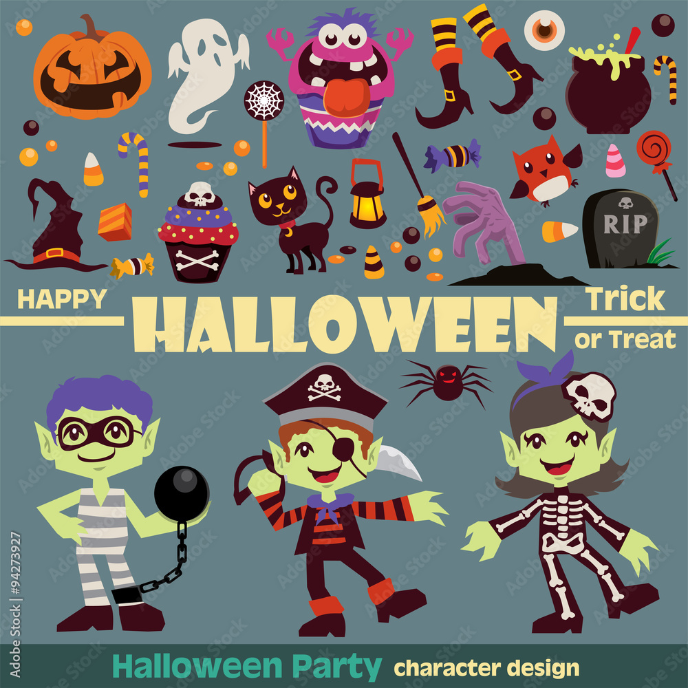 Fototapeta premium Projekt plakatu Vintage Halloween znaków z szkielet dziewczyna, więzień, pirat