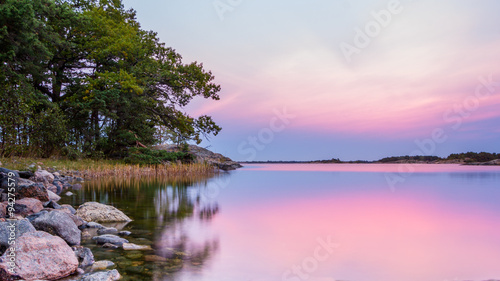 View  from the rocky coast of Sweden during sunset