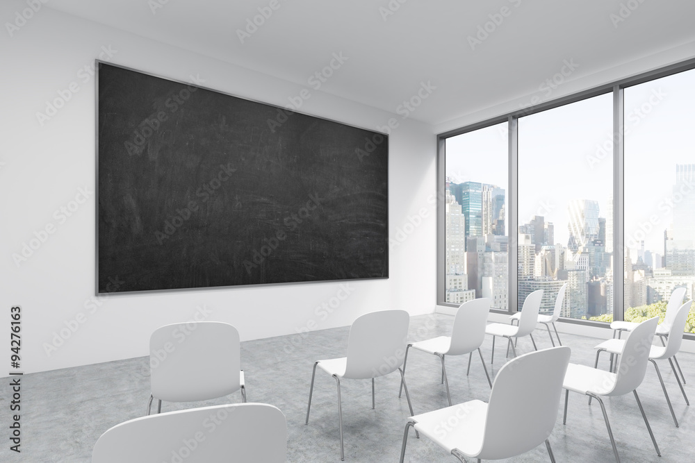 A classroom or presentation room in a modern university or fancy office. White chairs, a black chalkboard on the wall and panoramic New York view. 3D rendering. A classroom or presentation room in a modern university or fancy office. White chairs, a black chalkboard on the wall and panoramic New York view. 3D rendering.
