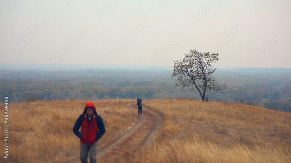 man and female man woman tourists are on road lonely tree man and female man woman tourists are on road lonely tree