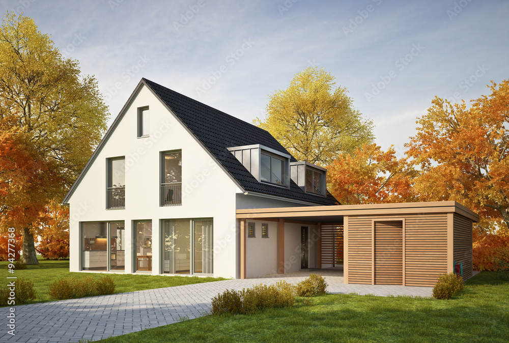 Haus mit Carport im Herbst Stock-Illustration | Adobe Stock