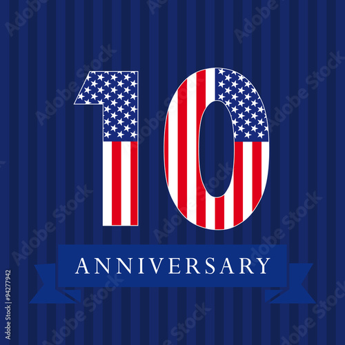 10 anniversary USA logo. The template icon of 10th birthday with American flag.