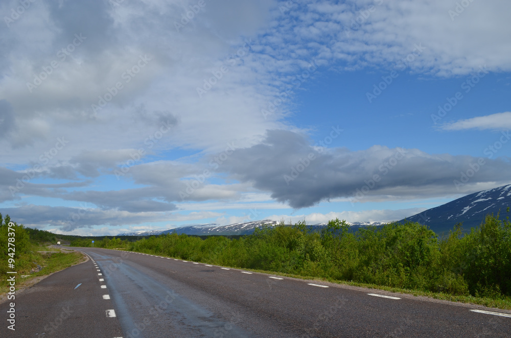 Naklejka premium Asphalt road through tundra, from Kiruna to Narvik, Swedish Lapland