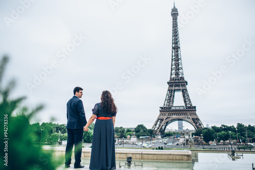 Bride and groom having a romantic moment on their wedding day in Paris © xan844