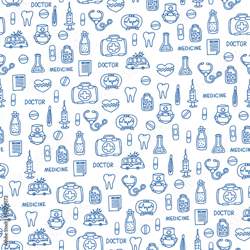 Medical seamless background with blue hand drawn medicine devices