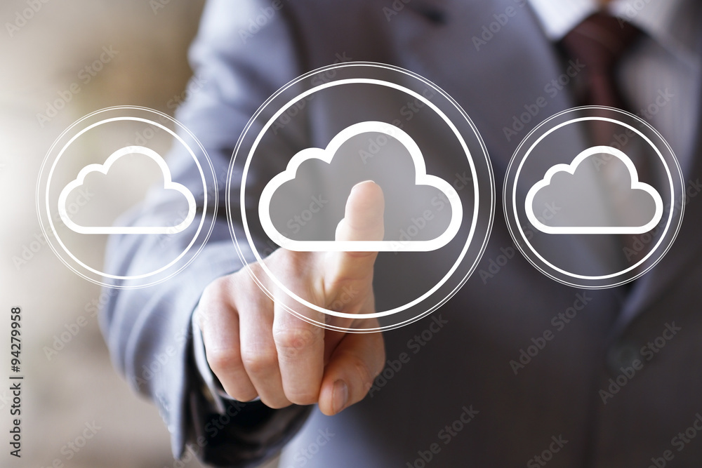 Businessman push online virtual web button cloud icon Businessman push online virtual web button cloud icon