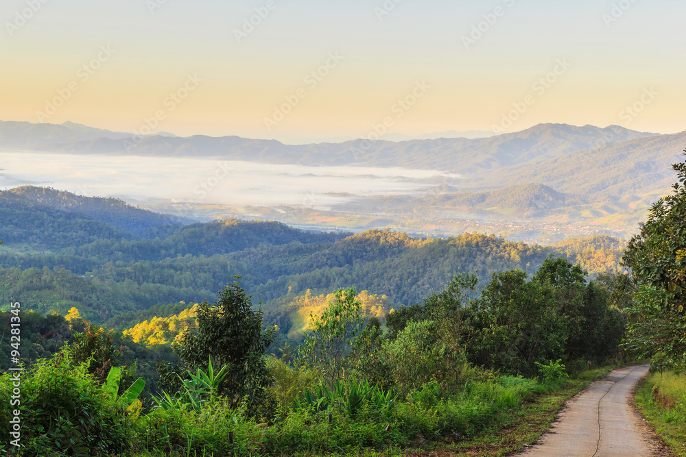 misty morning sunrise in mountain in Wiang Haeng ,chiang Mai , T