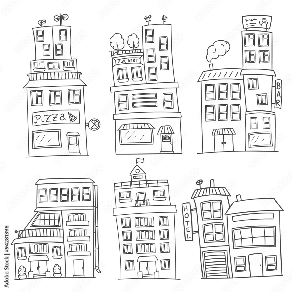 set of six black and white vector houses