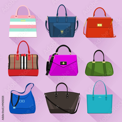 Various trendy women bags with colorful prints. Flat style vector illustration.