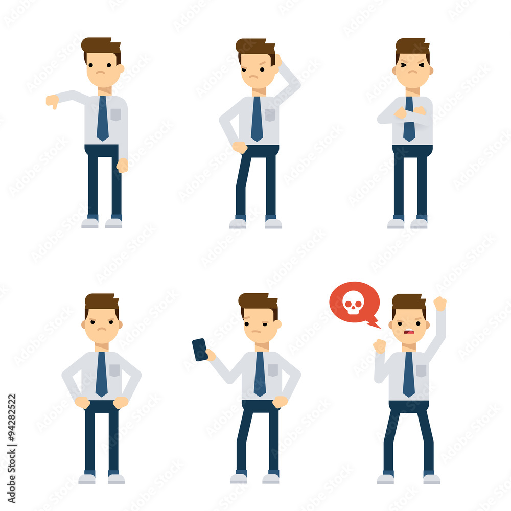 Set of vector flat style characters: office guy being upset.