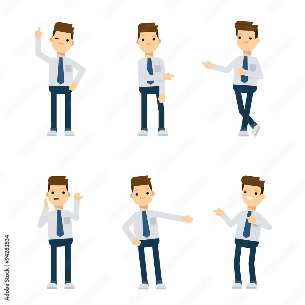 Vector characters: office guy pointing in different directions. Vector characters: office guy pointing in different directions.