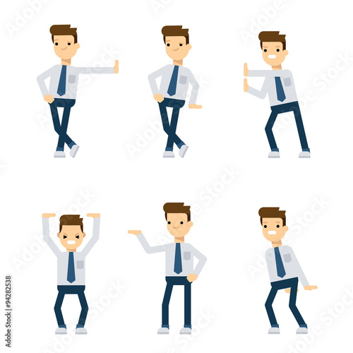 Office guy in different poses, pushing and holding something.