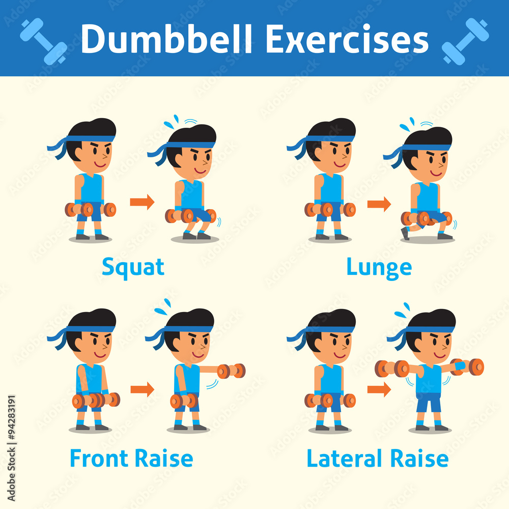 Cartoon set of a man doing dumbbell exercise step for health and fitness