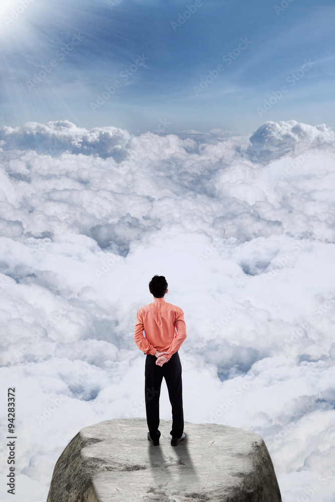 Businessman standing on the mountain peak