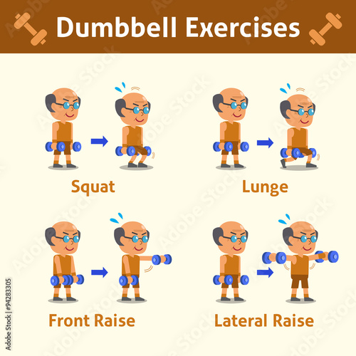 Cartoon set of old man doing dumbbell exercise step for health and fitness
